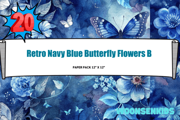 Download New Retro Navy Blue Butterfly Flowers Background Watercolor Png Kdp Digital Paper - Flow Collection