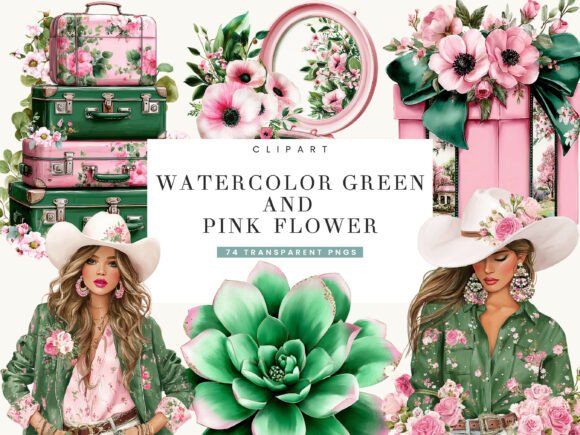 Download Watercolor Green and Pink Flower Clipart - Flow Collection