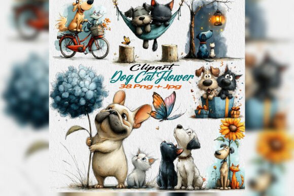 Download Whimsical Dog Cat Flower Clipart PNG Set - Flow Collection