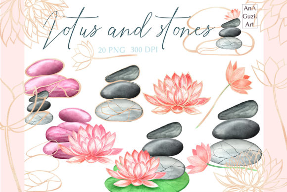 Download Lotus Flowers and Stones, Watercolor. - Flow Collection