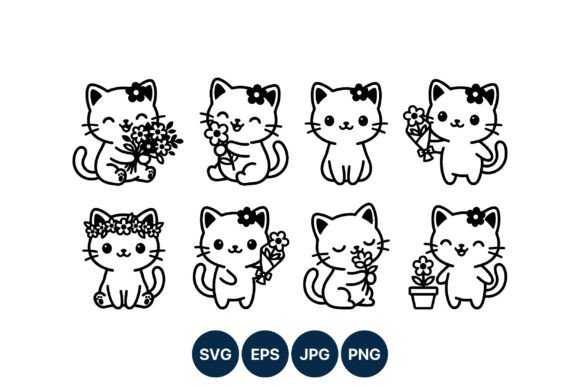 Download Cute Cat Flower Line Art Vector - Flow Collection