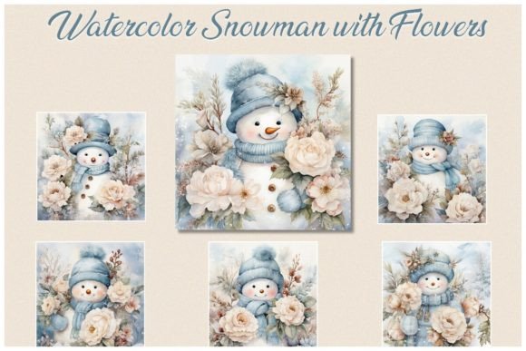 Download 6 Watercolor Snowman with Flowers – JPG - Flow Collection