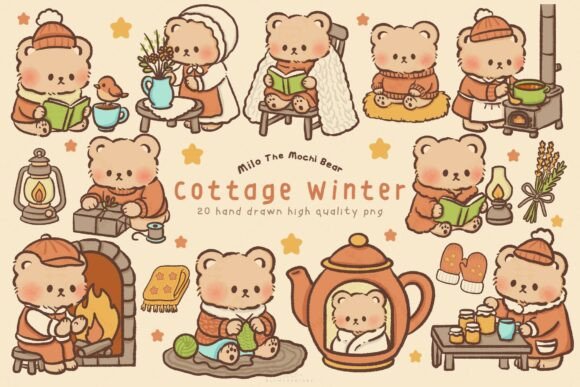 Download Kawaii Bear Cottage Winter Clipart - Premium Bundle
