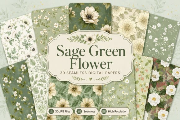 Download Seamless Sage Green Flower Digital Set - Flow Collection