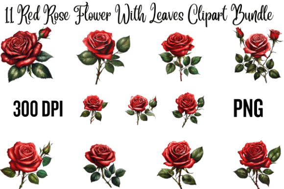 Download Red Rose Flower with Leaves Clipart Bund - Flow Collection