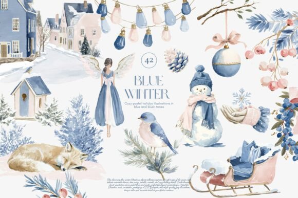 Download Cozy Blue Winter Watercolor Clipart - Winter Collection